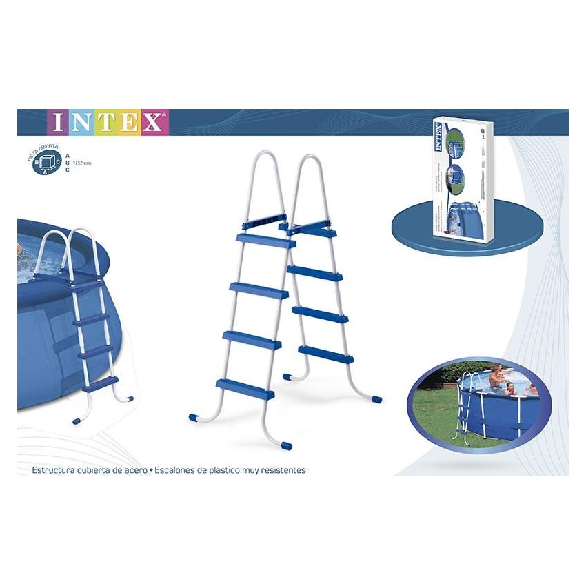 Escalera Intex de estructura de acero recubierto. Tiene 4 peldaños de color azul, resistentes y con sistema de reforzado. Escale