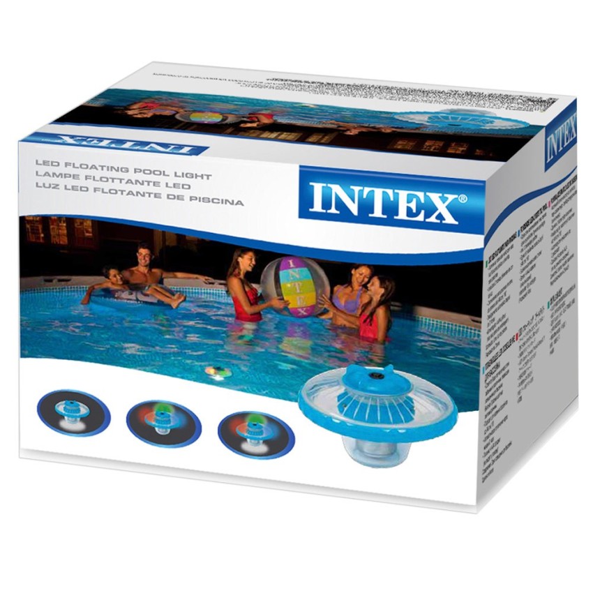Luz led flutuante Intex para piscinas. Inclui 3 funções diferentes e é adequada para piscinas de até 549 cm. Possui a função de