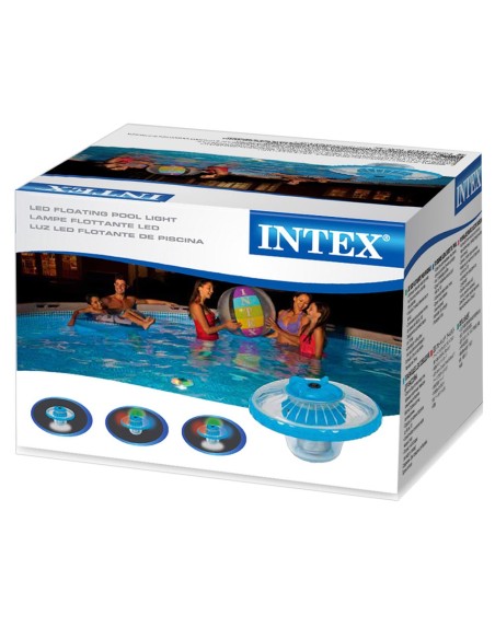 Luz led flutuante Intex para piscinas. Inclui 3 funções diferentes e é adequada para piscinas de até 549 cm. Possui a função de