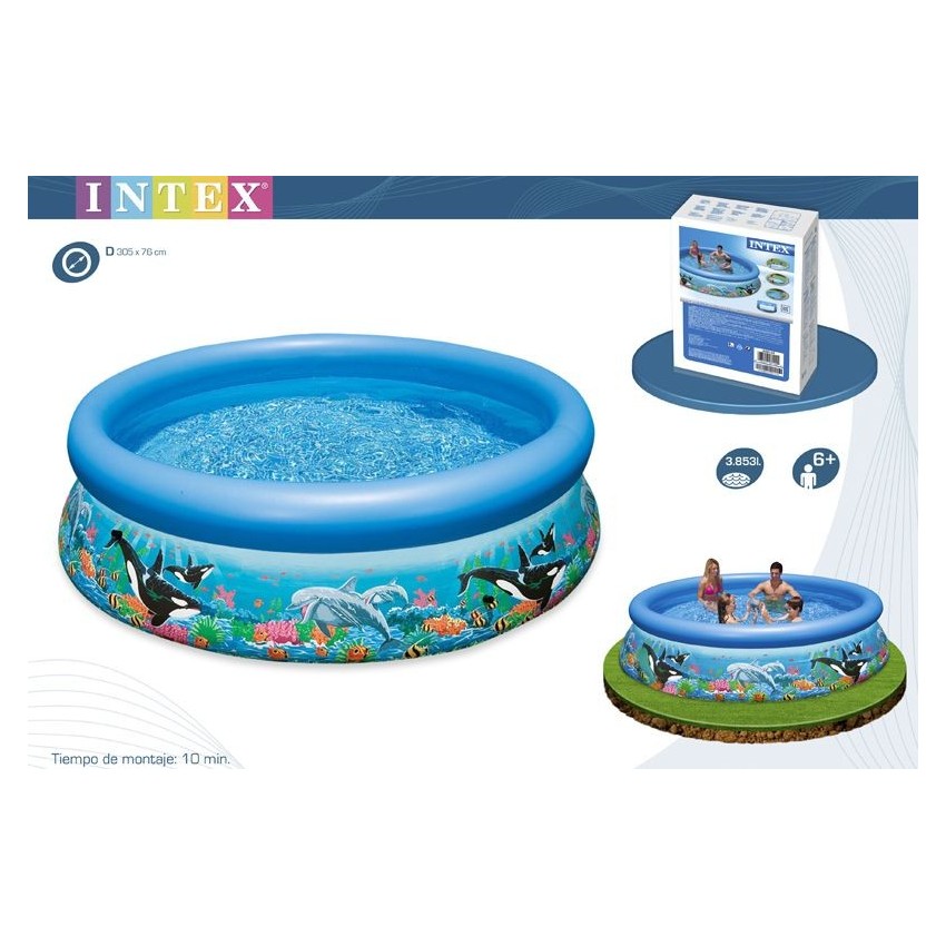 Piscina Intex com capacidade para 3853l. A sua atrativa imagem marinha torna-a irresistível para as crianças. Tempo de montagem