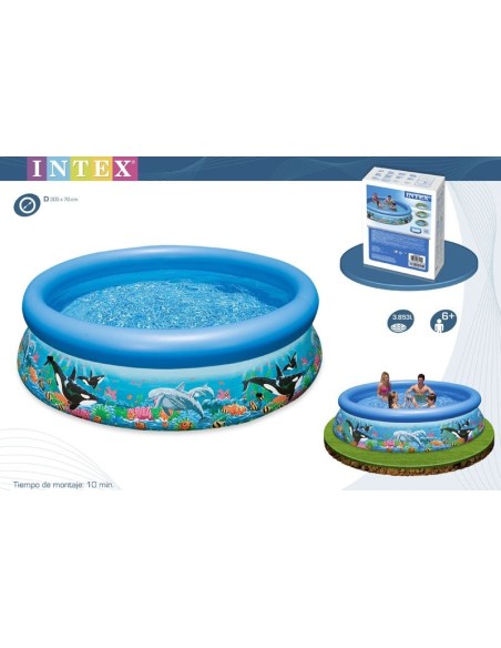 Piscina Intex com capacidade para 3853l. A sua atrativa imagem marinha torna-a irresistível para as crianças. Tempo de montagem