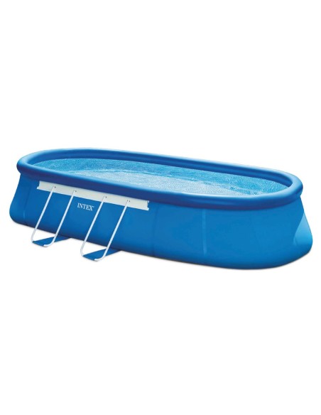 Piscina desmontável Intex com anel superior insuflável e com estrutura metálica. Inclui bomba de filtro de 5.678 litros, escada