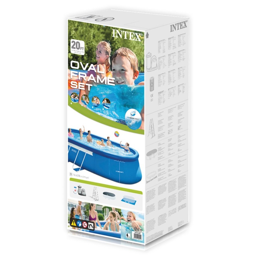 Piscina desmontável Intex com anel superior insuflável e com estrutura metálica. Inclui bomba de filtro de 5.678 litros, escada