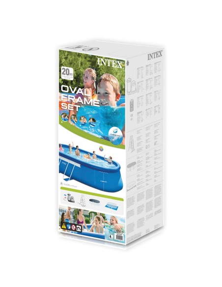 Piscina desmontável Intex com anel superior insuflável e com estrutura metálica. Inclui bomba de filtro de 5.678 litros, escada