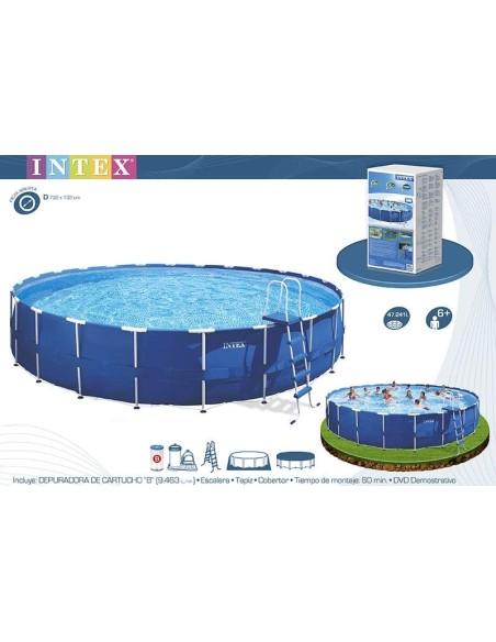 Piscina desmontável tubular Intex. Com forma redonda e da linha Metal Frame, tem capacidade para 47.214 litros de água. Inclui b