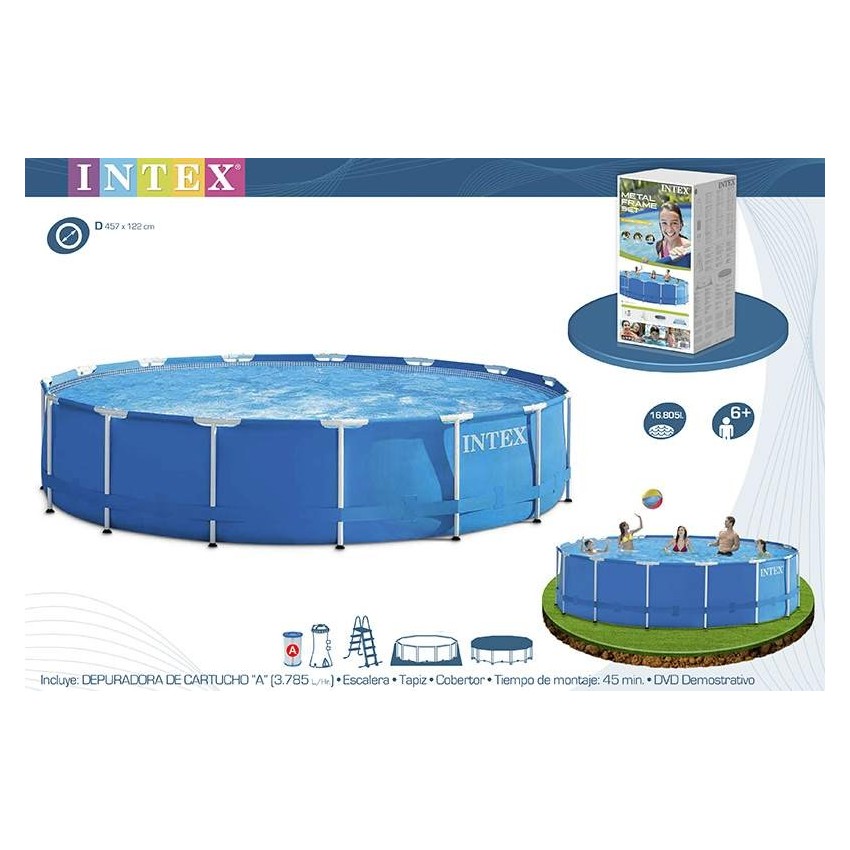 Piscina desmontável tubular Intex. Com forma redonda e da linha Metal Frame, tem capacidade para 16.805 litros de água. Inclui b