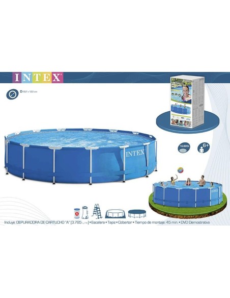 Piscina desmontable tubular Intex. Con forma redonda y de la línea Metal Frame, tiene capacidad para 16.805 litros de agua. Incl