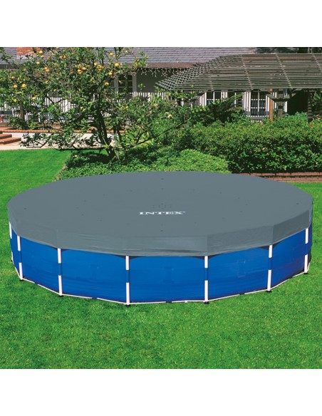 Piscina desmontável tubular Intex. Com forma redonda e da linha Metal Frame, tem capacidade para 24.311 litro de água. Inclui bo