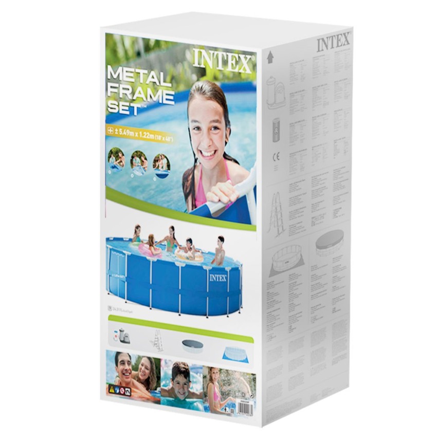 Piscina desmontável tubular Intex. Com forma redonda e da linha Metal Frame, tem capacidade para 24.311 litro de água. Inclui bo
