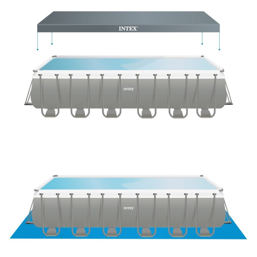Piscina desmontável tubular Intex da linha Ultra Frame. Piscina retangular de cor cinza e com capacidade para 31.805 litros de á