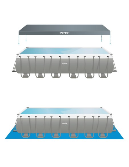 Piscina desmontável tubular Intex da linha Ultra Frame. Piscina retangular de cor cinza e com capacidade para 31.805 litros de á