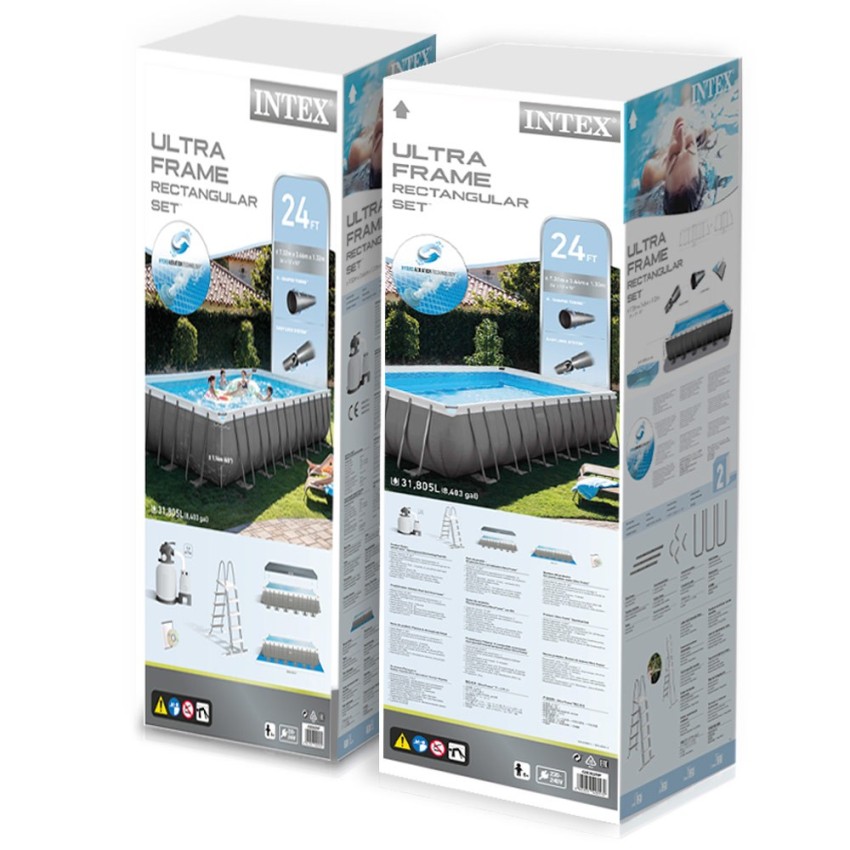 Piscina desmontável tubular Intex da linha Ultra Frame. Piscina retangular de cor cinza e com capacidade para 31.805 litros de á