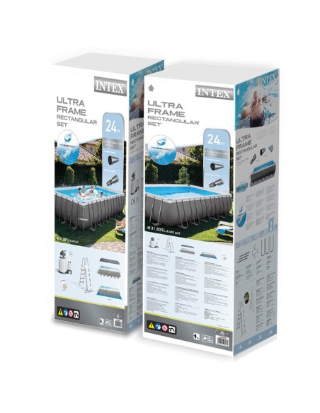 Piscina desmontável tubular Intex da linha Ultra Frame. Piscina retangular de cor cinza e com capacidade para 31.805 litros de á