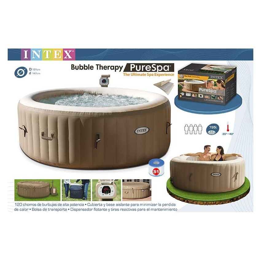 Spa hinchable Intex. De color crema y fabricado con PVC laminado tiene sistema de burbujas producidas por 120 salidas de aire a