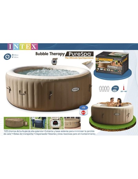 Spa hinchable Intex. De color crema y fabricado con PVC laminado tiene sistema de burbujas producidas por 120 salidas de aire a
