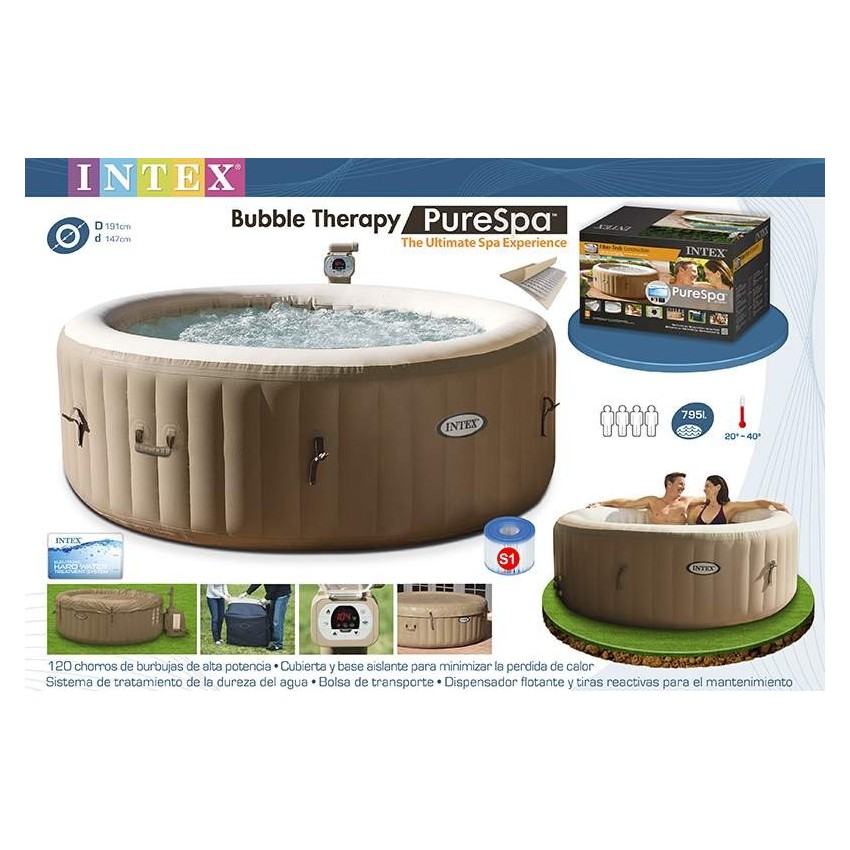 Spa insuflável Intex de PVC laminado com sistema de bolhas produzidas por 120 saídas de ar à pressão. Inclui cobertura, base iso