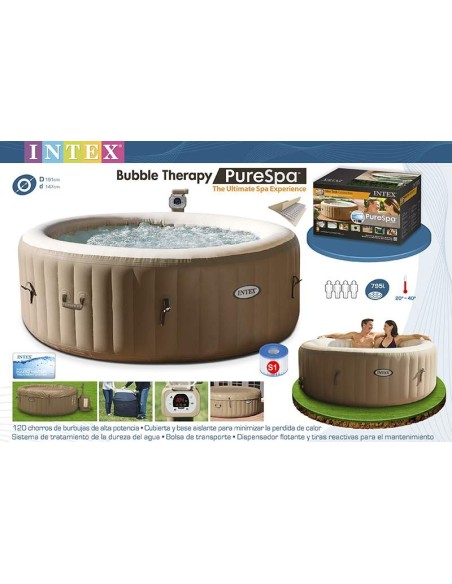 Spa hinchable Intex fabricado con PVC laminado con sistema de burbujas de 120 salidas de aire a presión. Incluye cubierta y base
