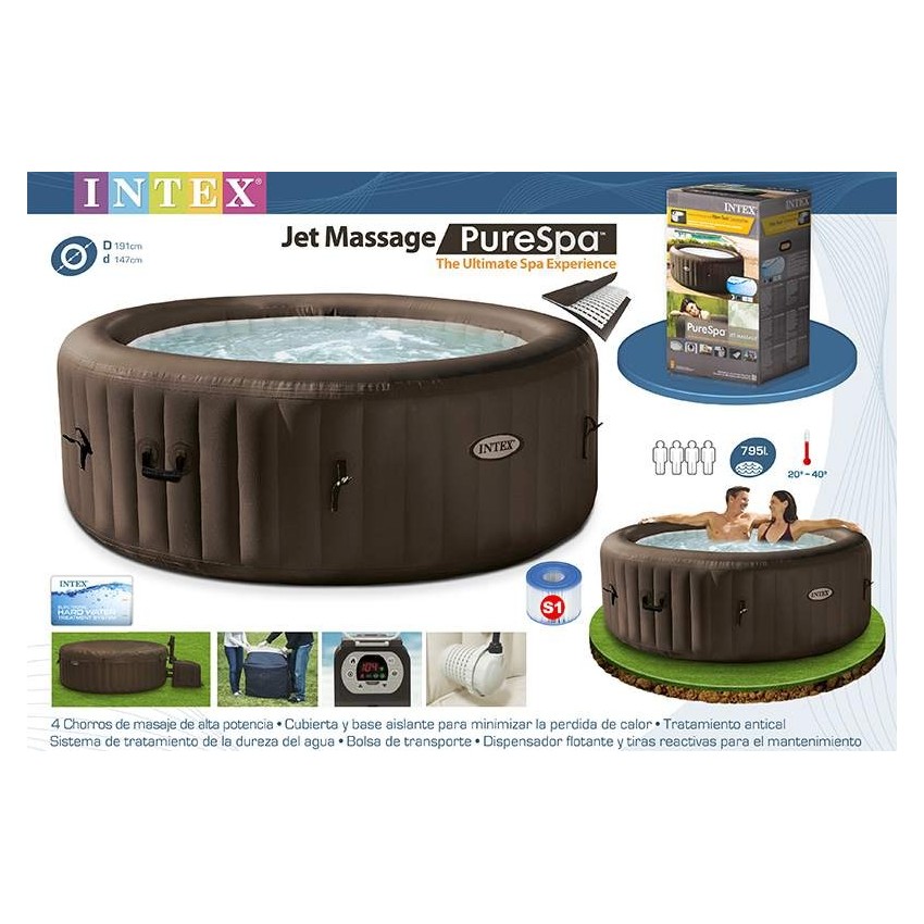 Spa insuflável Intex fabricado com PVC laminado com sistema de 4 jatos de saídas de água alta potência.Inclui cobertura, base is
