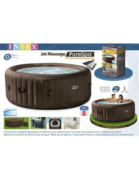 Spa insuflável Intex fabricado com PVC laminado com sistema de 4 jatos de saídas de água alta potência.Inclui cobertura, base is