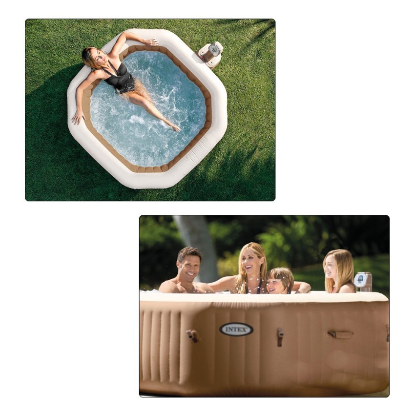 Spa insuflável Intex de PVC laminado. Sistema de bolhas produzidas por 120 saídas de ar à pressão. Inclui cobertura e base isola