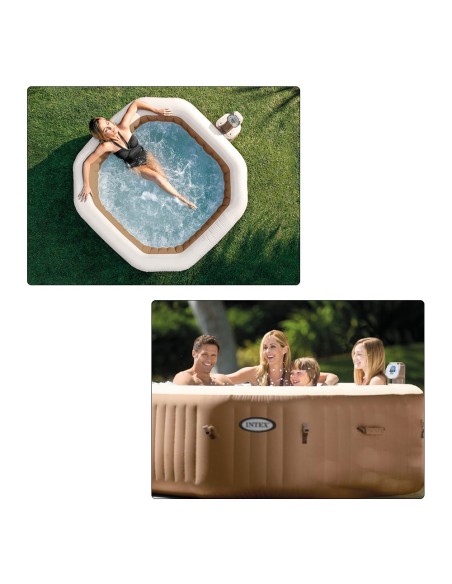 Spa hinchable Intex fabricado con PVC laminado. Sistema de burbujas producidas por 120 salidas de aire a presión. Incluye cubier
