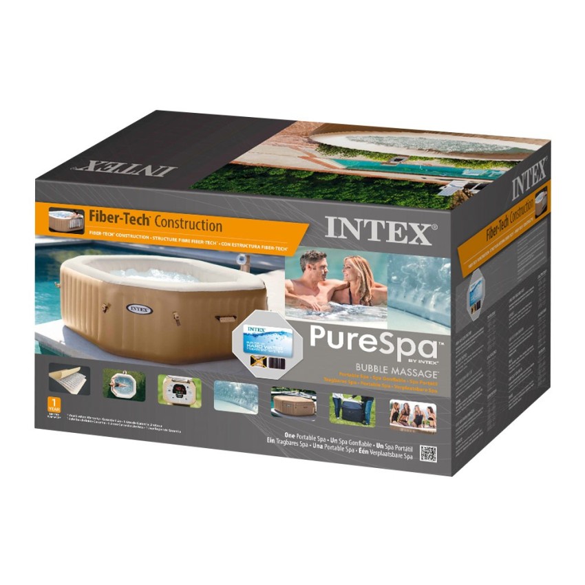Spa hinchable Intex fabricado con PVC laminado. Sistema de burbujas producidas por 120 salidas de aire a presión. Incluye cubier