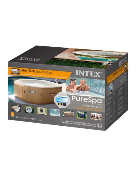 Spa hinchable Intex fabricado con PVC laminado. Sistema de burbujas producidas por 120 salidas de aire a presión. Incluye cubier
