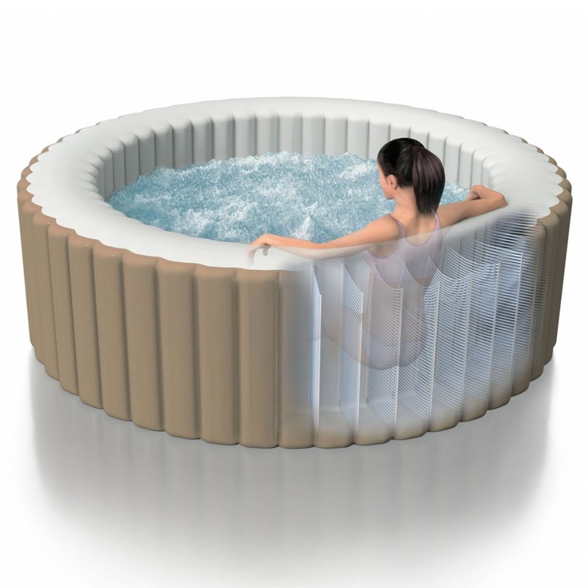 Spa insuflável Intex fabricado em PVC laminado. Sistema de bolhas com 120 saídas de ar à pressão. Inclui cobertura, base isolant