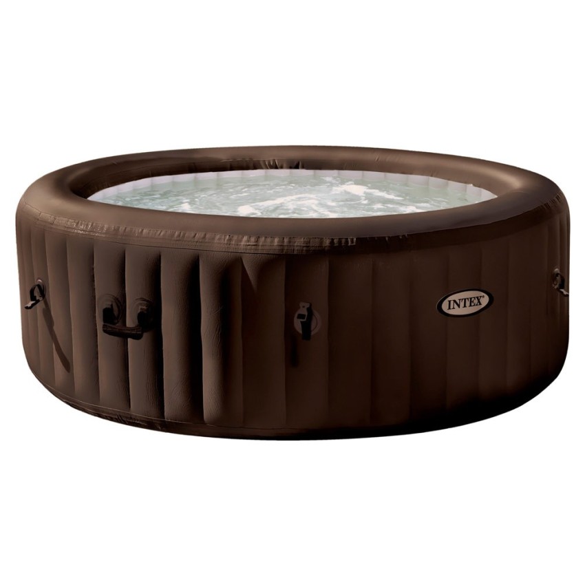 Spa insuflável Intex. Redondo e de cor castanho escuro, está fabricado com PVC laminado. Tem um sistema de 4 jatos de água à pre