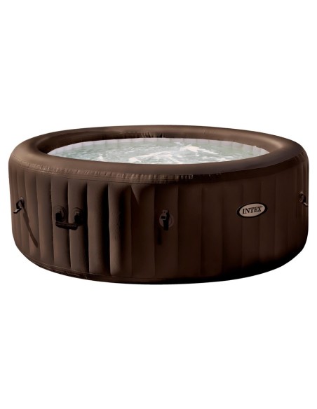 Spa insuflável Intex. Redondo e de cor castanho escuro, está fabricado com PVC laminado. Tem um sistema de 4 jatos de água à pre