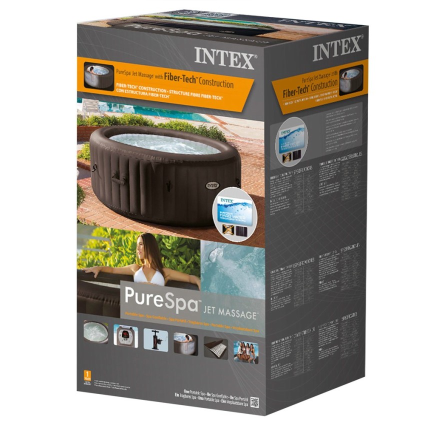 Spa insuflável Intex. Redondo e de cor castanho escuro, está fabricado com PVC laminado. Tem um sistema de 4 jatos de água à pre