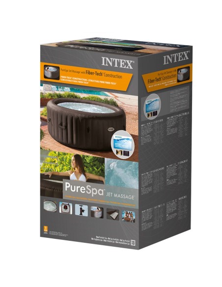 Spa insuflável Intex. Redondo e de cor castanho escuro, está fabricado com PVC laminado. Tem um sistema de 4 jatos de água à pre