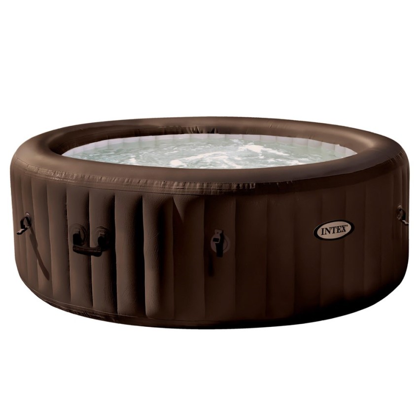 Spa insuflável Intex. Redondo e de cor marrom escuro, está fabricado com PVC laminado. O sistema é de 4 jatos de água à pressão.