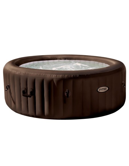 Spa insuflável Intex. Redondo e de cor marrom escuro, está fabricado com PVC laminado. O sistema é de 4 jatos de água à pressão.