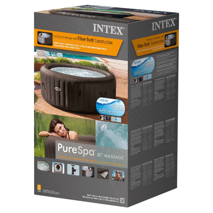 Spa insuflável Intex. Redondo e de cor marrom escuro, está fabricado com PVC laminado. O sistema é de 4 jatos de água à pressão.