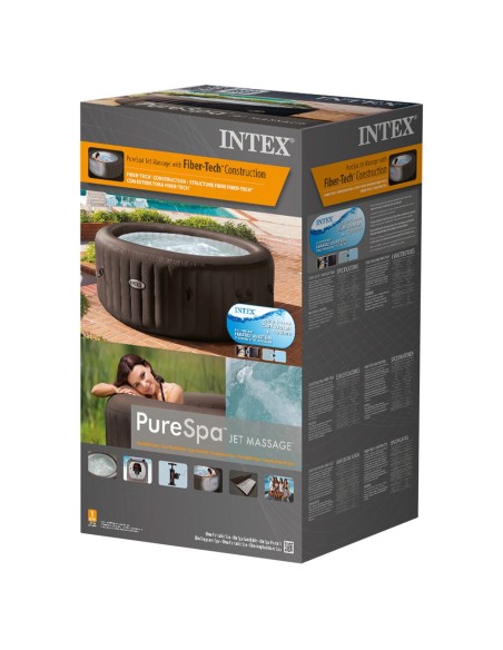 Spa insuflável Intex. Redondo e de cor marrom escuro, está fabricado com PVC laminado. O sistema é de 4 jatos de água à pressão.