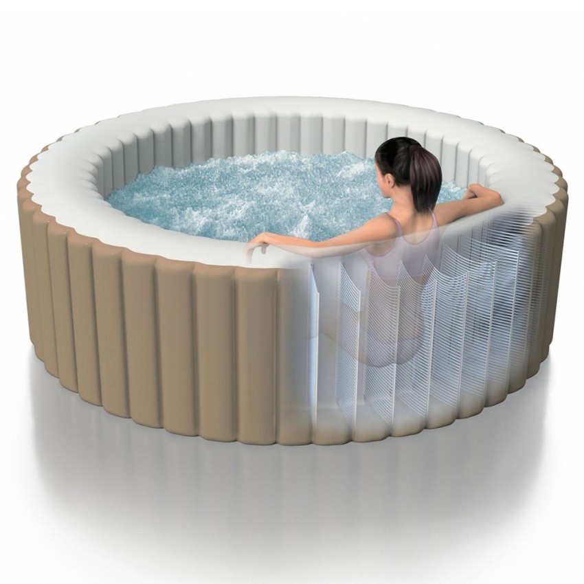 Spa insuflável Intex fabricado com a tecnologia FiberTech e PVC. Sistema de bolhas produzidas por 140 saídas de ar à pressão. In