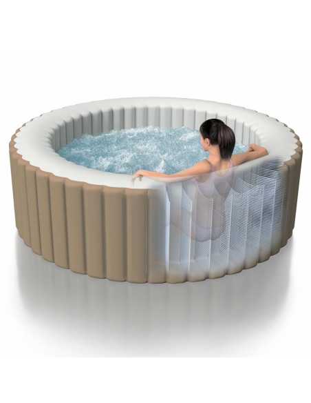 Spa insuflável Intex fabricado com a tecnologia FiberTech e PVC. Sistema de bolhas produzidas por 140 saídas de ar à pressão. In
