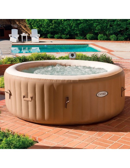 Spa insuflável Intex fabricado com a tecnologia FiberTech e PVC. Sistema de bolhas produzidas por 140 saídas de ar à pressão. In