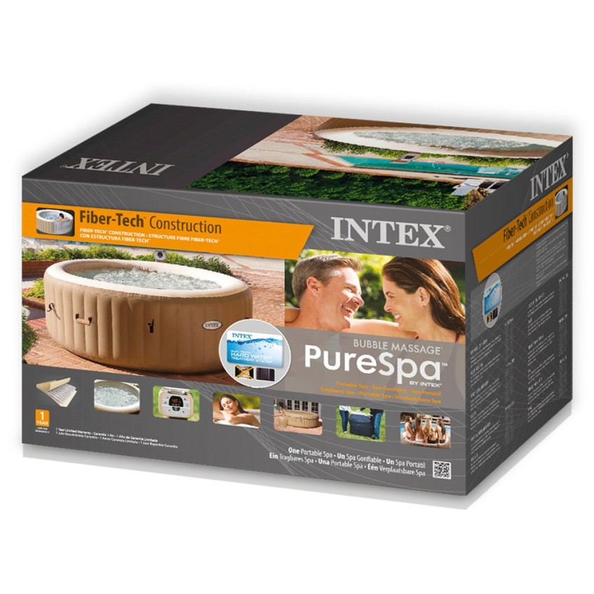 Spa insuflável Intex fabricado com a tecnologia FiberTech e PVC. Sistema de bolhas produzidas por 140 saídas de ar à pressão. In