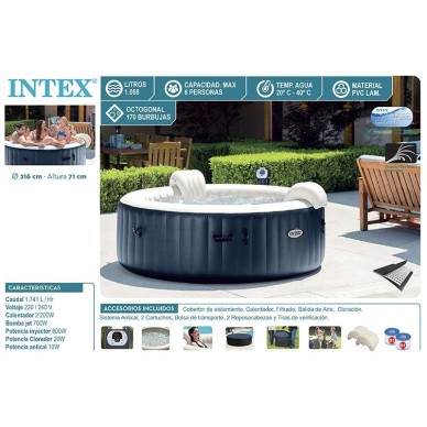Spa insuflável Intex fabricado com PVC laminado. Sistema de bolhas com 170 saídas de ar à pressão. Inclui cobertura, base isolan 2