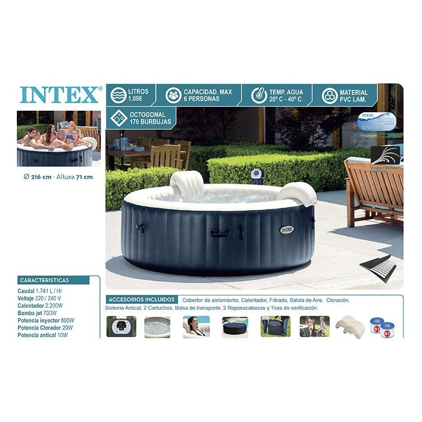 Spa hinchable Intex fabricado con PVC laminado. Sistema de burbujas con 170 salidas de aire a presión. Incluye cubierta, base ai