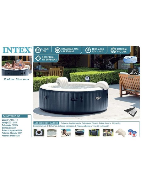Spa hinchable Intex fabricado con PVC laminado. Sistema de burbujas con 170 salidas de aire a presión. Incluye cubierta, base ai