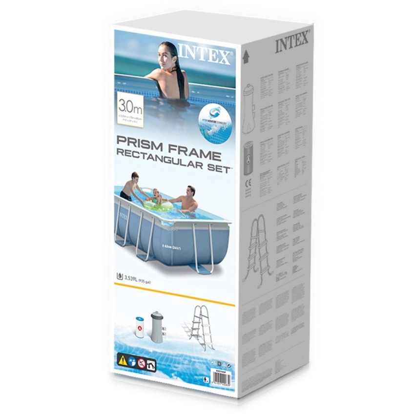 Piscina desmontável tubular Intex. Piscina retangular com lona azul e de estrutura metálica. Da linha Prisma Frame, tem capacida