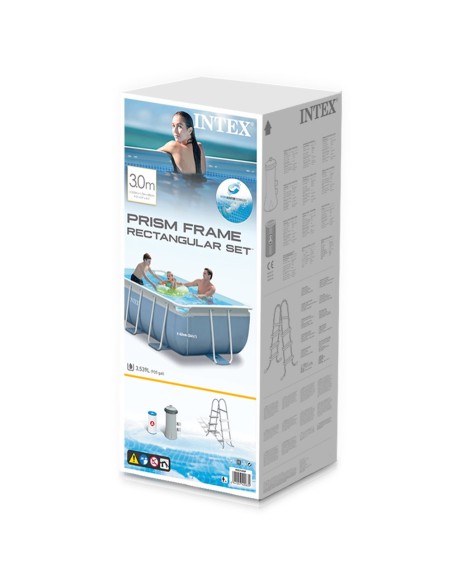 Piscina desmontável tubular Intex. Piscina retangular com lona azul e de estrutura metálica. Da linha Prisma Frame, tem capacida