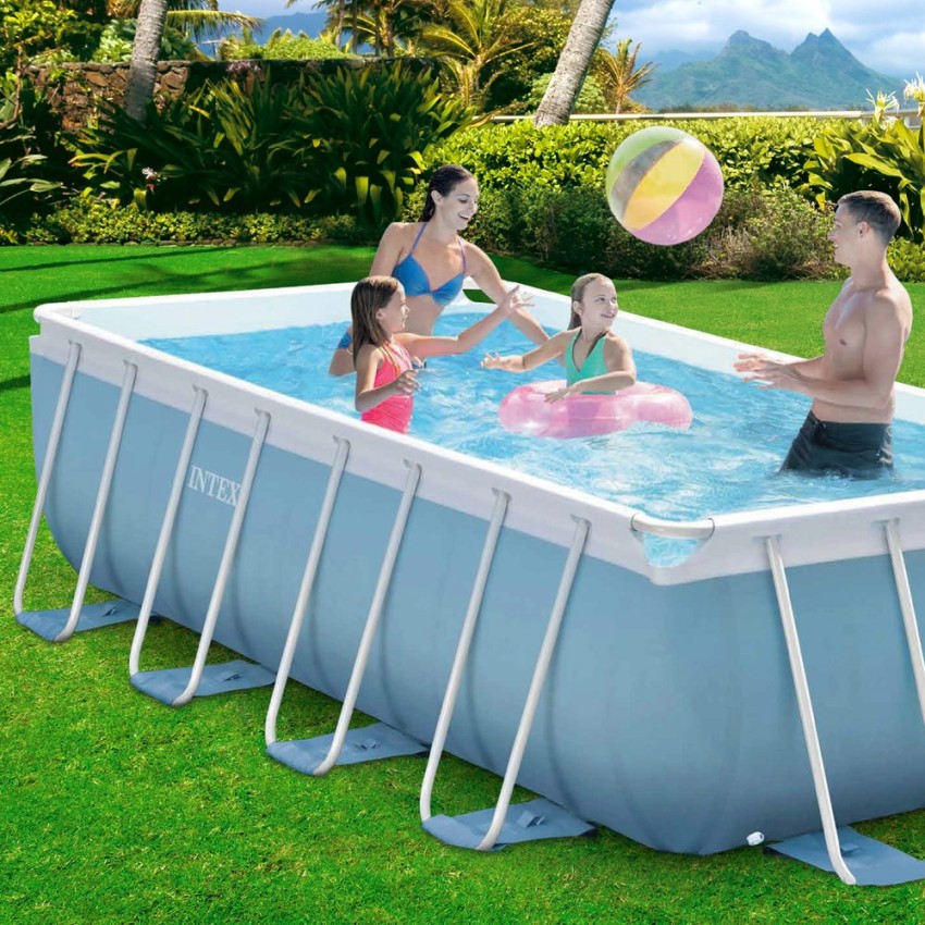 Piscina tubular Intex da linha Prisma Frame. Piscina retangular de cor azul e estrutura metálica com capacidade para 10.874 litr