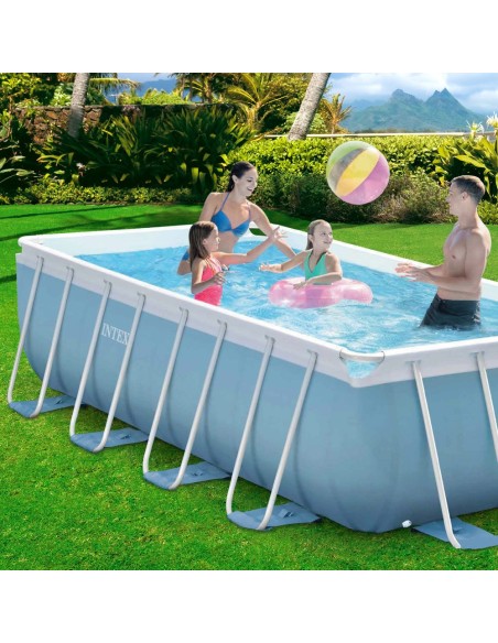 Piscina tubular Intex da linha Prisma Frame. Piscina retangular de cor azul e estrutura metálica com capacidade para 10.874 litr