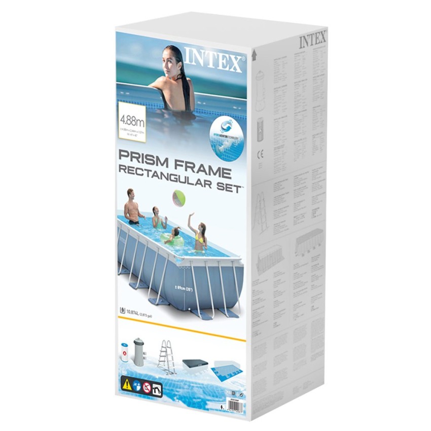 Piscina tubular Intex da linha Prisma Frame. Piscina retangular de cor azul e estrutura metálica com capacidade para 10.874 litr