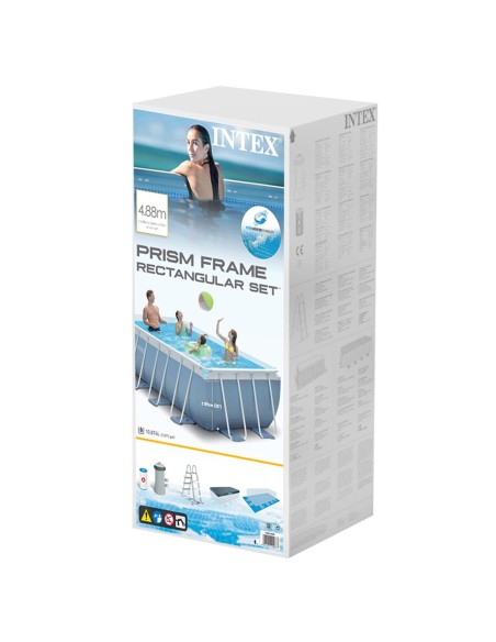 Piscina tubular Intex da linha Prisma Frame. Piscina retangular de cor azul e estrutura metálica com capacidade para 10.874 litr