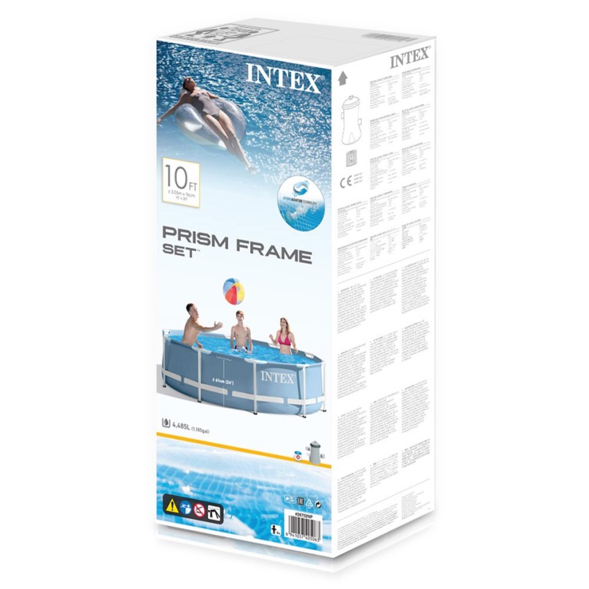 Piscina tubular removível Intex da linha Prisma Frame. Piscina circular de cor azul e estrutura metálica com capacidade para 4.4